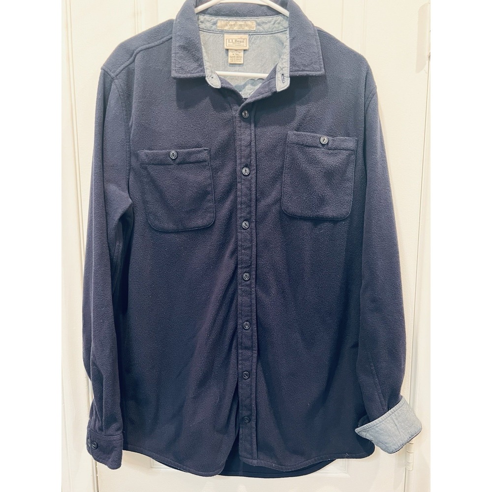 LL Bean Fleece Button Down Shirt Mens M Tall Navy Blue Slightly Fitted Chambray